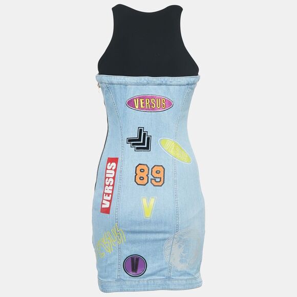 Versus Versace Blue Logo Print Denim & Crepe Sleeveless Mini Dress S - Picture 2 of 4